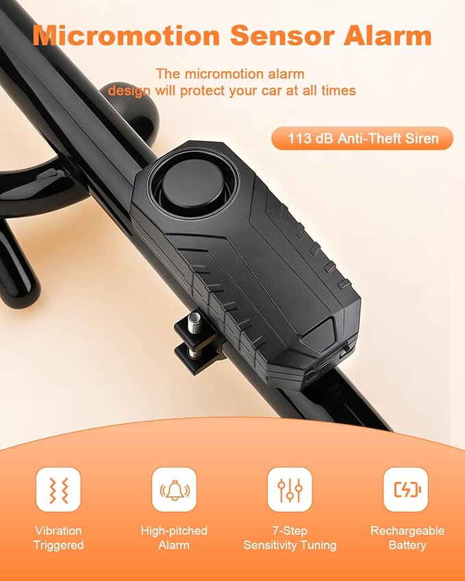 ELECTOP Black Steering Wheel Lock with 113dB Car Alarm Anti-Theft Device Double Hook Car Lock with Adjustable Locking & 2 Keys, Car Alarm System with Motion Sensor for Vehicle Truck Van SUV