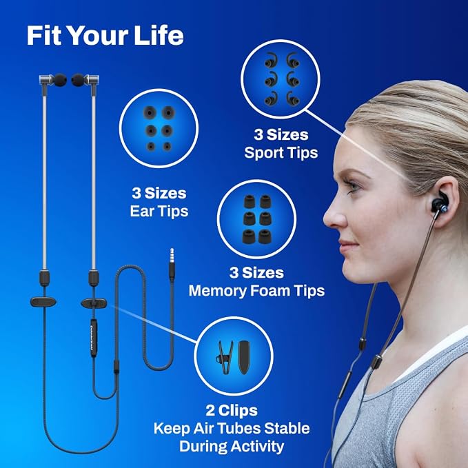 DefenderShield EMF Radiation-Free Earbuds Air Tube Stereo Headphones with Memory Foam Ear Tips – Universal Acoustic Headphones with Mic & Audio Controls - Secure Fit Wired Earbuds with 3.5mm Audio