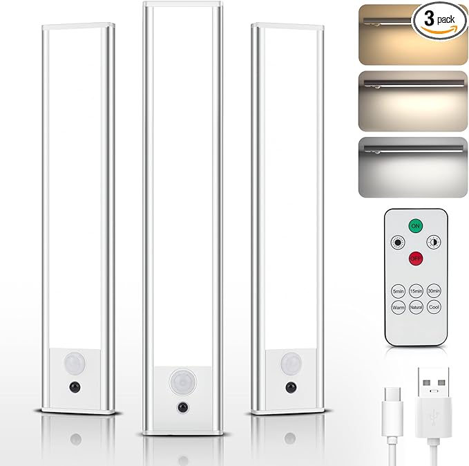 Under Cabinet Lights Motion Sensor 3 Color Temperatures LED Closet Light, USB-C Rechargeable Under Counter Lights Night Light for Kitchen, Wardrobe (Silver - 3 Color Remote, 8.07 Inch - 3 Pack)