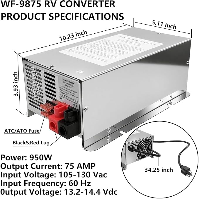 WF-9875 75 Amp Power Converter Deck Mount Charger WF-9875-AD-CB Compatible with RV Trailer Camper Car Boat WF-9800 Series Power WF-9875-MBA WF-9875-LIS Three-Stage Converter Charger 13.2-14.6V DC