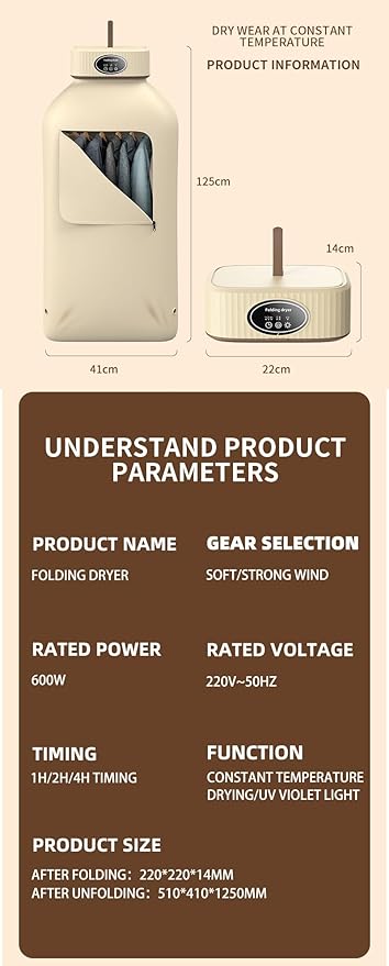 600W Portable dryers for laundry, Portable Clothes Dryer, Mini dryer for clothes with remote control, Electric Clothes Dryer Machine for Apartment, RV, Travel(US plug)
