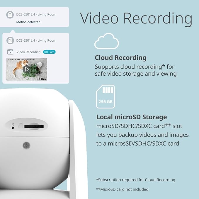 D-Link Indoor Pan & Tilt Wi-Fi Camera w/ 360 Degree View, Full 2K 1296p Resolution, Sound & Motion Detection, 2-Way Audio, Cloud & Local Recording, Night Vision (DCS-6501LH)