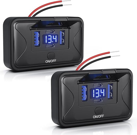 2PCS Gibbab 108W 4 Ports 12V RV USB Switch Outlet Voltmeter, 2*36W PD3.0 Type-C + 2*18W QC3.0 Quick Charge Panel Wall Mount Car Charger Socket Waterproof Multi-Port Adapter for Bus Marine Truck Boat