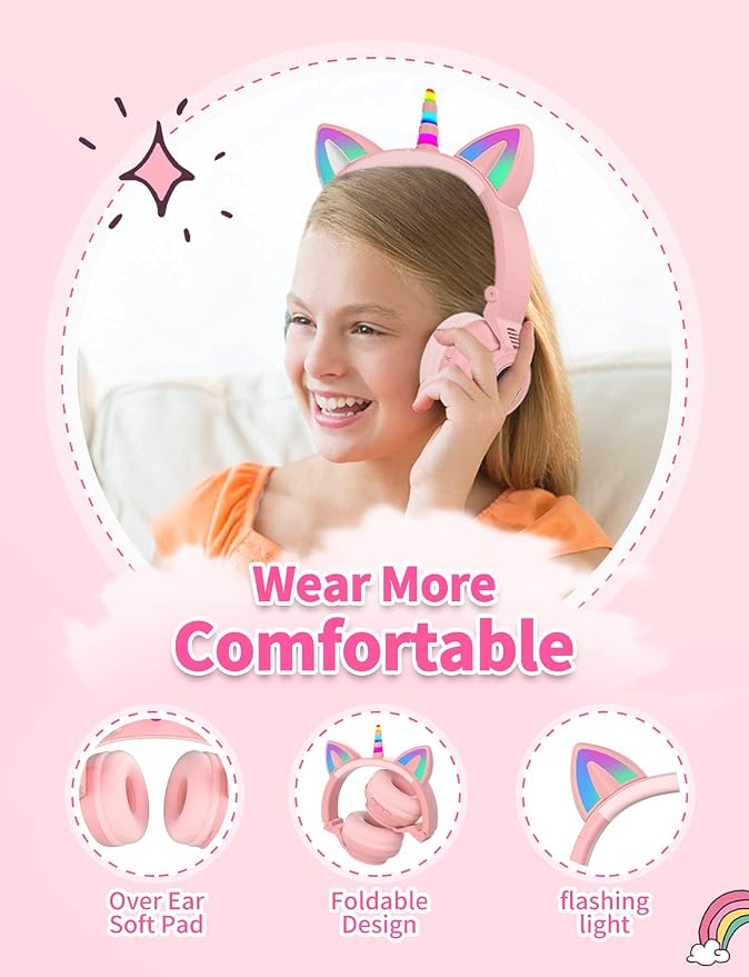 Unicorn Kids Headphones for Girls, Unicorn Bluetooth Headphones Foldable for Girls Toddlers Tablet/pad/Amazon fire,Light Up Kids Wireless Headphone Birthday Gifts (Pink 2)
