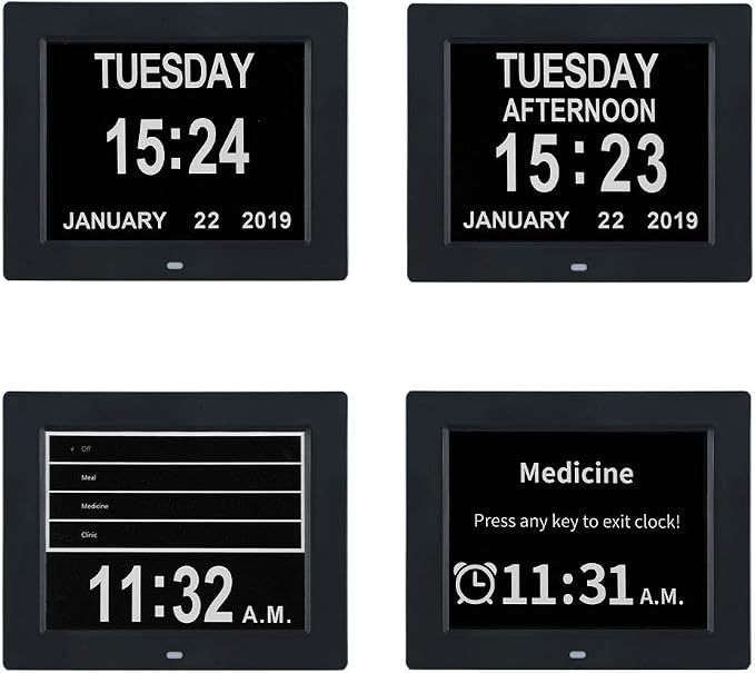 TMC 8 Inch Dementia Clock for Seniors – Large Auto-Dimming Calendar Display with Date & Time, Multi-Language Support, Medicine Reminders & Alarms – Wall or Desk Mount, Integrated Stand (Black, SD)
