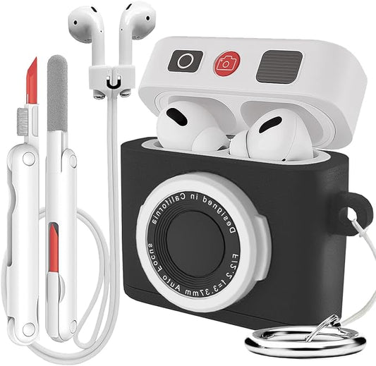 for Airpods 4 Case Cover with Magnetic Anti-Lost Straps & Cleaning Kit, Shockproof Silicone Retro Camera Protector for Airpod 4th Generation Cases Wireless Charging with Keychain Accessories
