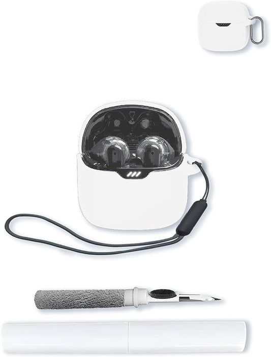 Case for JBL Tune Flex - True Wireless Noise Cancelling Earbuds,Soft Protective,BOVUGAC Silicone Case Cover with Keychain & Cleaning Kit & Lanyard for JBL Tune Flex Earbuds-White