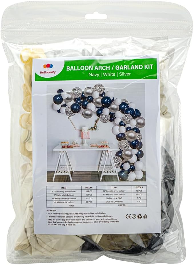 Restaurantware-Balloonify Balloon Garland Set, 1 Party Decoration Kit - 120 Balloons, With Chain, Navy, White, & Silver Latex Balloon Arch Kit, Includes Glue Dots