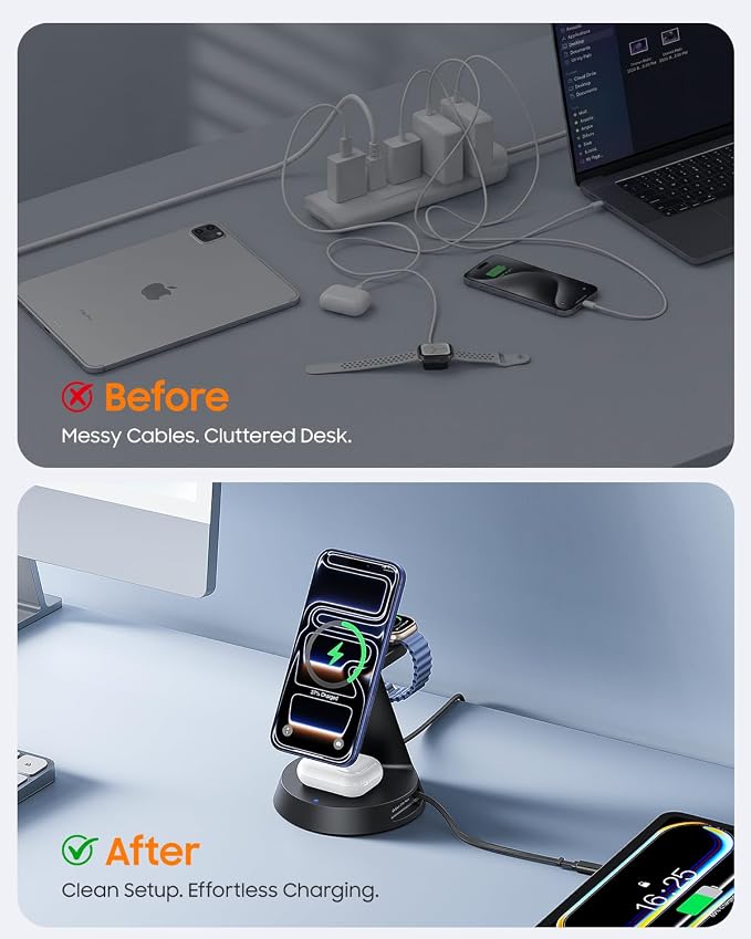 Meifigno 4 in 1 Magnetic Wireless Charger with 20W Fast Retractable Cable for Apple Devices, Charging Station Designed for MagSafe Charger Stand with 45W Adapter for iPhone 17 16/Apple Watch/Earbuds