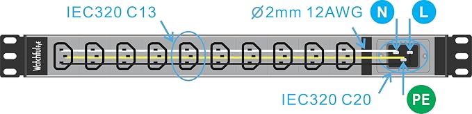 WTH-CS/PDU-C13-E (US121052E) Heavy Duty Metal 1U Rack Mount PDU, Inlet C20 20A 120/240V Open end (Without Extension Cord), Outlet C13 x10 Ports