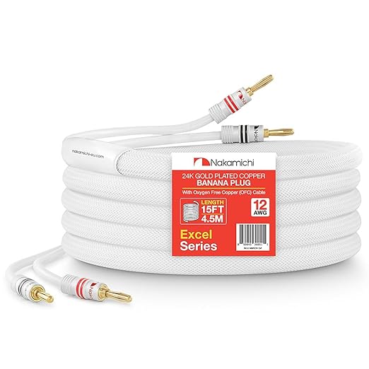 Nakamichi Excel Series 24k Gold Plated Banana Plugs with Speaker Cable Wire 99.9% Oxygen-Free Copper (OFC) Heavy Duty Braided for Amplifier Hi-Fi Home Theatre - White (12 AWG / 15 feet / 4.5m)