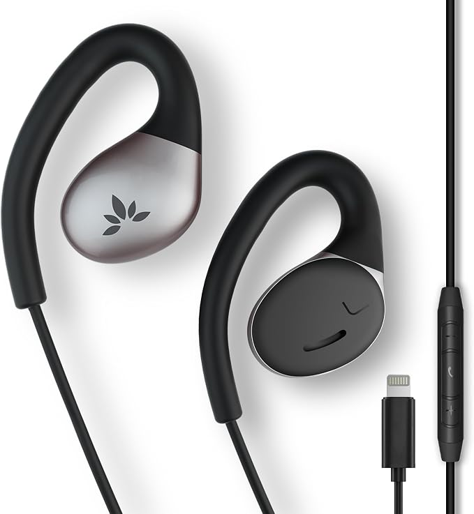 Avantree Resolve – Lightning Wired Open-Ear Earbuds w/Mic & Over-Ear Hook | Small-Medium Size, Compatible with iPhone 5-14 Series, Ideal for Office, Outdoor & Home