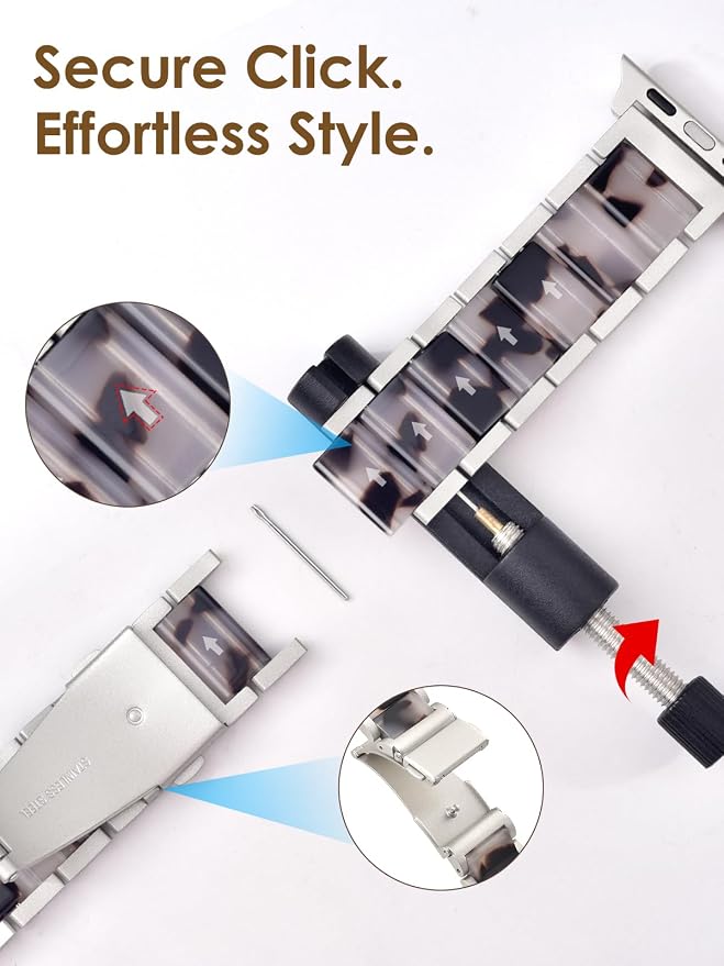 V.R.HOPE Apple Watch Band for Women 42mm 44mm 45mm 46mm 49mm Fashion Rose Gold Stainless Steel Metal Strap with Resin Inlay, Fashion Bracelet Compatible with iWatch Series Ultra3/11/10/9/8/7/6/5/4/3/2/1/SE (Black Floral+Starlight)