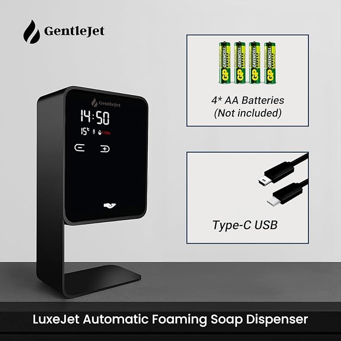 GentleJet LuxeJet Automatic Foaming Soap Dispenser Touchless Sensor, LED Display, 5 Foam Levels, Wall Mount or Countertop, Rechargable USB-C or Battery Powered, Aluminum Alloy, 480 ml Refillable