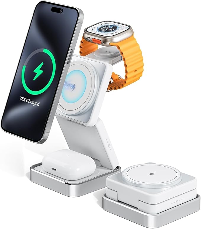 3 in 1 Wireless Charging Station Magnetic Wireless Charger,Portable Foldable Travel Essential with Nightlight Fast Charger Stand for iPhone 17 Pro Max/17 Pro/17Air/17/16/15/14/13,AirPods&Apple Watch