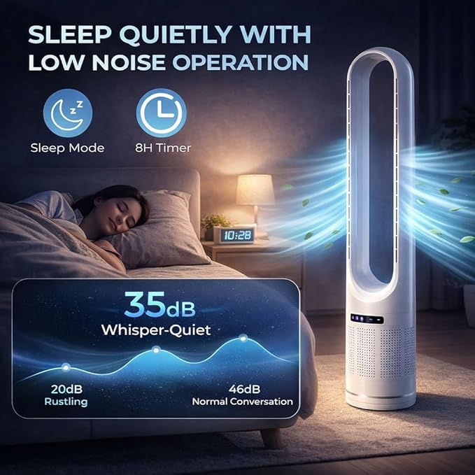 41" Bladeless Tower Fan with Air Filter, 80° Oscillating Fan with Remote Control, 8 Speeds, 8H Timer, Quiet Cooling Fan with LED Display, Standing Fan for Bedroom, Home, Office