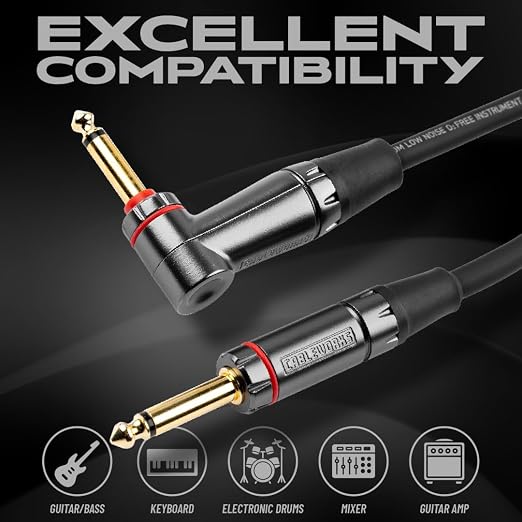 Cableworks By Gator Cases Headliner Series Premium 30 Ft Straight to Right Angle Guitar Instrument Cable with Quiet Switch Technology (GCWH-INS-30RAQT)
