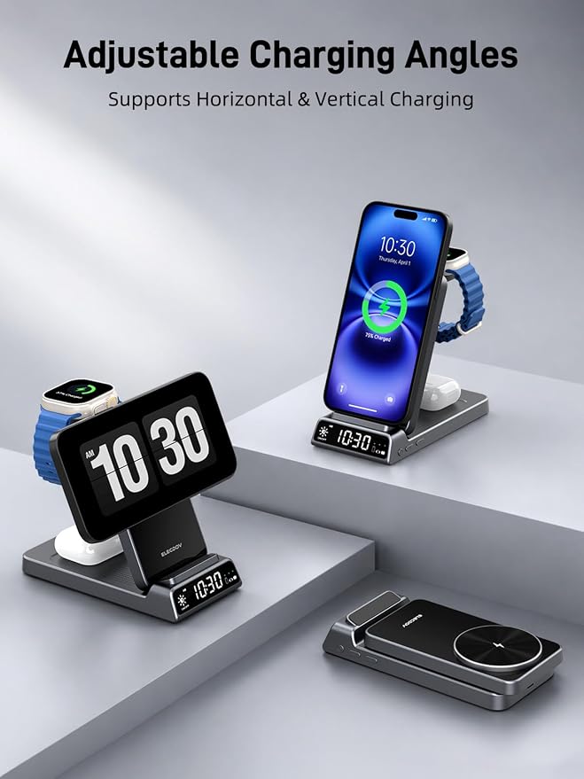 3 in 1 Charging Station for Apple, ELECDOV Magnetic Charger for iPhone, Foldable Wireless Charger with Clock, Travel Watch Charger Stand for iPhone 17/Air/16/15 Series, iWatch 10/AirPods 4 (Grey)