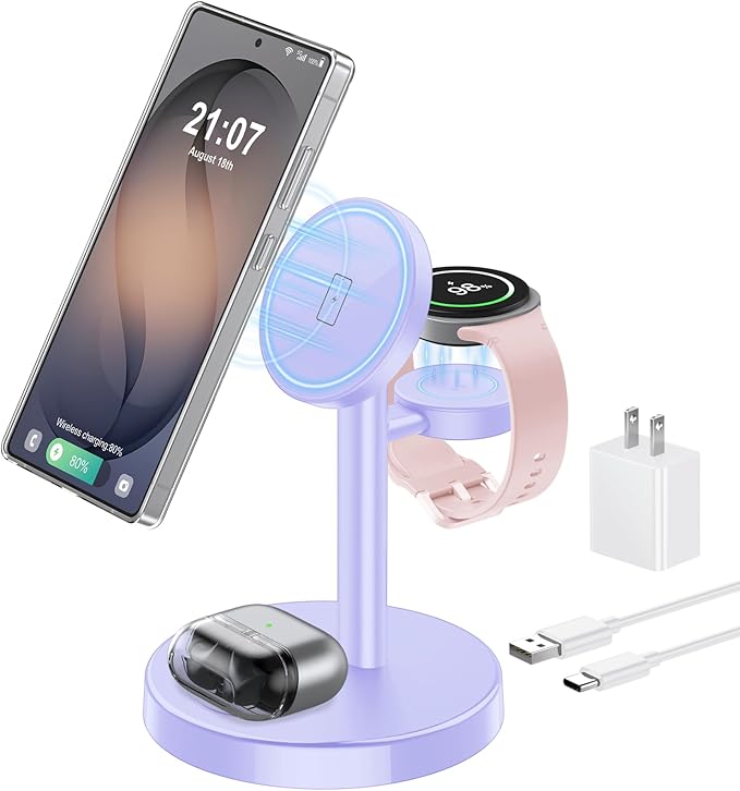 Magnetic Wireless Charger for Samsung, 3 in 1 Super Fast Charging Station Compatible with MagSafe, Phone Charger Stand for Samsung Galaxy S26 Ultra S25 Z Fold/Flip 7, Watch Ultra 8 7 6, Buds 4/3 Pro