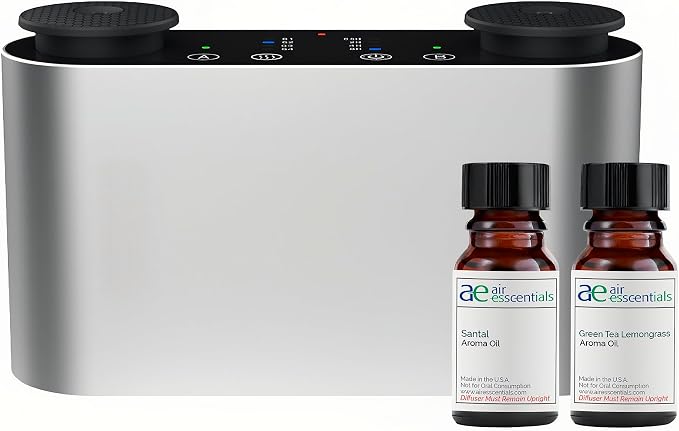 Mini Duo Smart Diffuser with Santal & Green Tea Lemongrass Oils, Bluetooth App-Controlled Waterless Aroma Scent Machine Set, Dual Nozzle, Rechargeable, Covers 100 sq. ft.