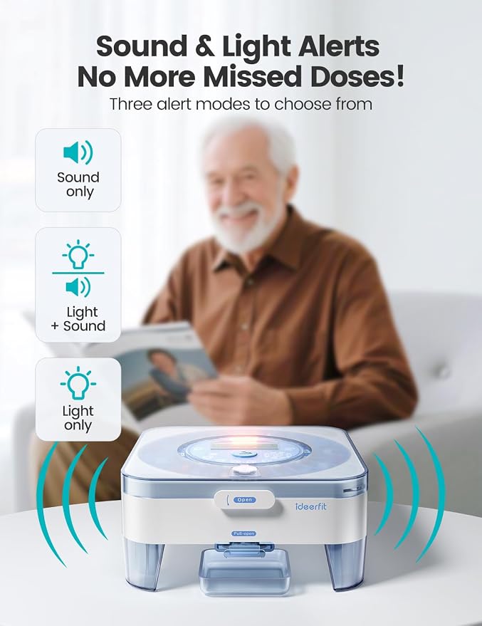 28-Day(1X) Automatic Pill Dispenser – One-Press Daily Dispense (No APP), Easy-to-Use Slide-Door Cup, Sound & Light Alerts, Moisture-Proof Dual Desiccants, Large Compartments for Tablets & Capsules