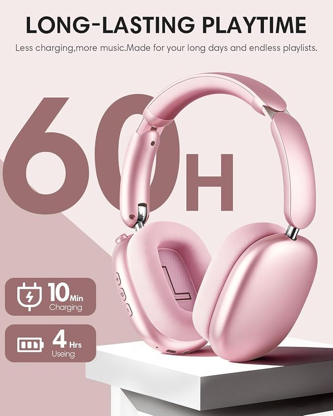 Wentronic Y02 Active Noise Cancelling Headphones, Wireless Over-Ear Bluetooth 5.4 Headphones with Microphone, 60H Playtime, Hi-Res Audio, Big Bass, Foldable Lightweight for Travel Home Office, Pink