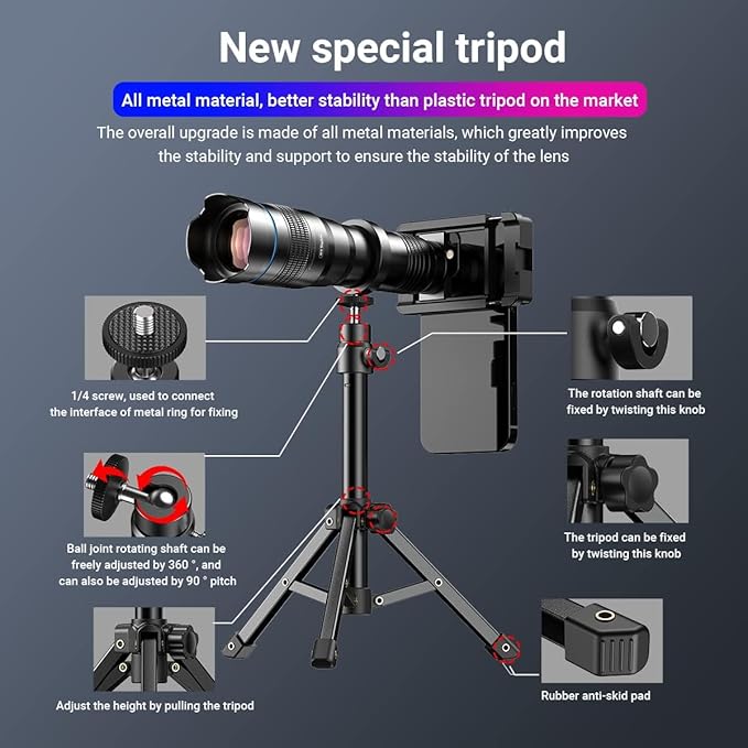 APEXEL 36x Telephoto Lens for iPhone | Kit with Sturdy Metal Tripod for Smartphones, Compatible with iPhone 16 15 14 13 12 Pro Max, Samsung Galaxy, Google Pixel
