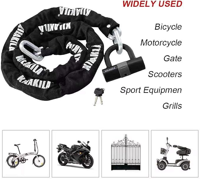 KILAKILA Security Chain Lock - Heavy Duty 10mm Bicycle and Motorbike Lock With 16mm U Lock