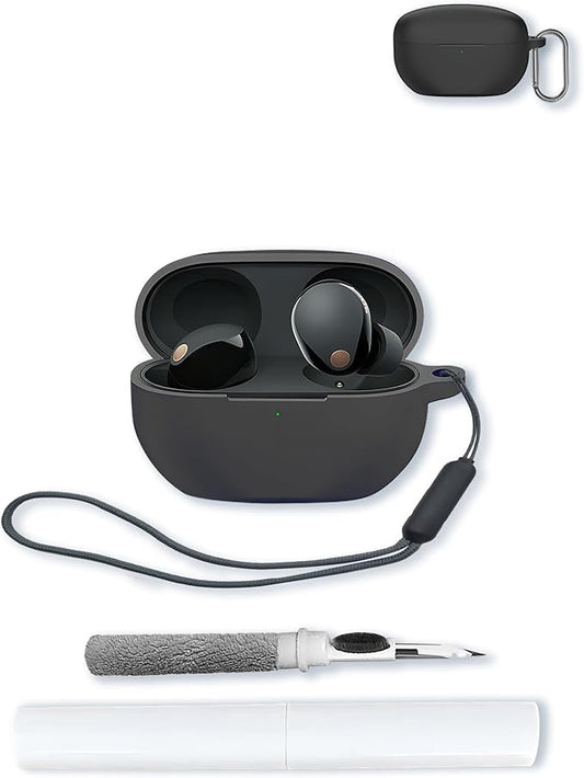 Case for Sony WF-1000XM5 Wf Xm5 Wireless Noise Cancelling Earbud,Soft Protective,BOVUGAC Silicone Case Cover with Keychain & Cleaning Kit & Lanyard for Sony Wf Xm5 Earbuds-Black