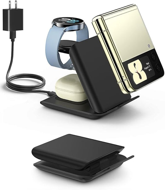 Samsung Galaxy Z Flip 3-in-1 Wireless Charging Station - Foldable 15W Fast Travel Charger Stand for z Flip 7/6/5/4/3, Razr+, Galaxy Watch & Buds 3/2 Pro/Live | PD20W Adapter Included | Black
