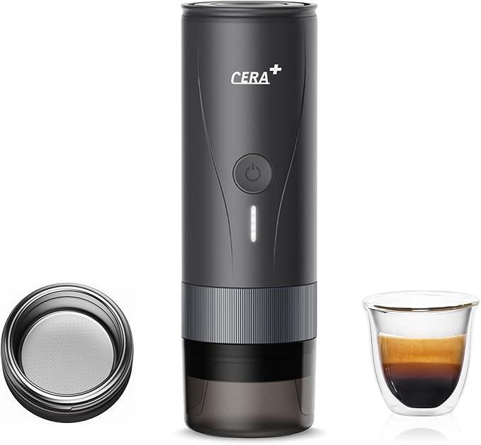 CERA+ PCM04A Portable Espresso Maker with 51mm Professional Coffee Basket, Self-Heating Travel Electric Espresso Machine for Ground Coffee, Camping, Hiking & Office (Not Compatible with NS Capsules)