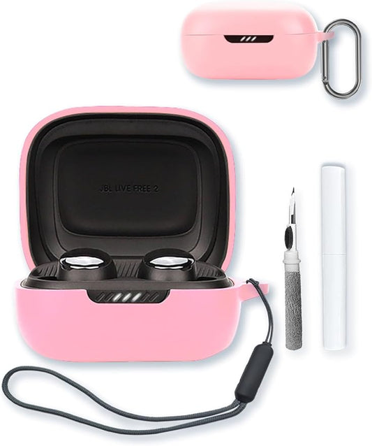 Case for JBL Live Pro 2 - True Wireless Noise Cancelling Earbuds,Soft Protective,Shockproof, BOVUGAC Silicone Case Cover with Keychain & Cleaning Kit & Lanyard-Pink