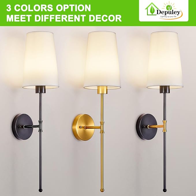 Depuley Battery Operated Wall Sconce: 27" Set of 2 Wireless Wall Lights with Remote for Bedroom - Rechargeable 15 Colors Gold Wall Lamp for Living Room Hallway Decor