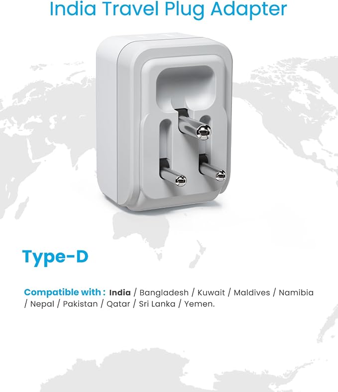 2 Pack US to India Plug Adapter, VINTAR Foldable India Power Adapter with 2 Outlets and 3 USB Ports(2 USB C), 5 in 1 Type D Plug Adapter for US to India Bangladesh Maldives Pakistan Sri Lanka
