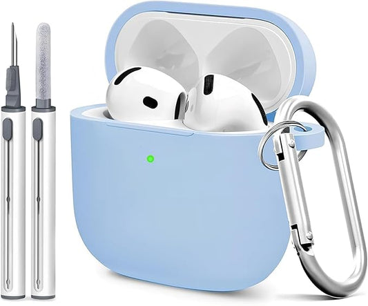 for Airpods 4th Case Cover, Come with Cleaner Kit,Soft Skin Silicone Case Cover with Keychain, Full Protective Case for Men and Women, Compatible with AirPods 4th Generation Case,Sky Blue