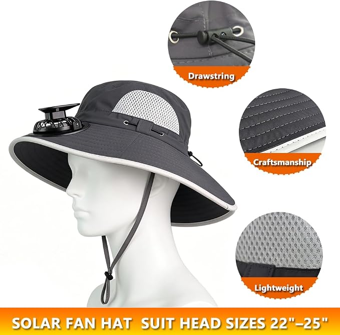 Solar Fan Hat Rechargeable 2Detachable Solar Fans,Water-Repellent Wide Brim Bucket Hat, Outdoor Camping Hiking Golf Sun Hat