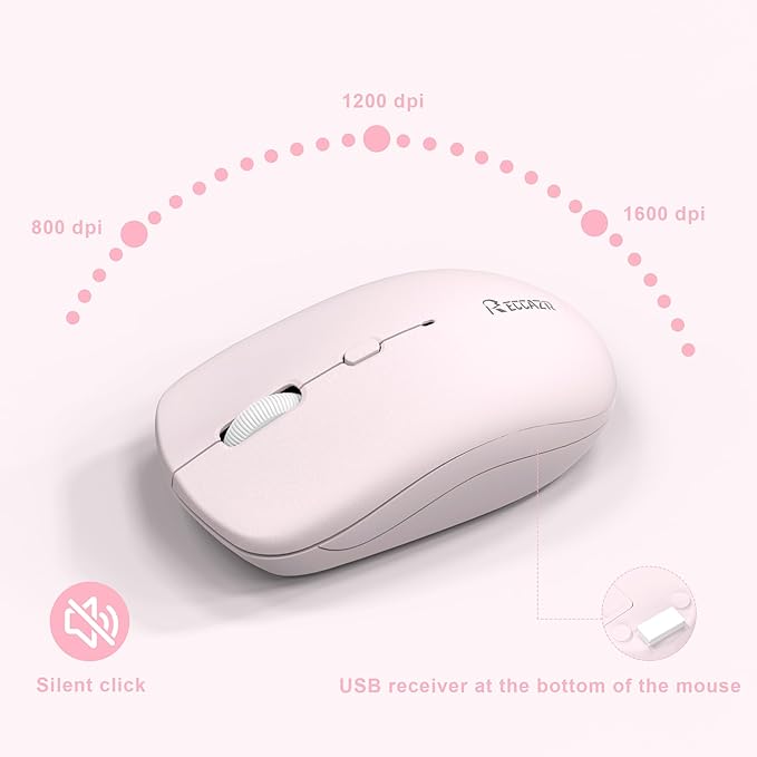 Wireless Keyboard and Mouse Combo, Full-Sized Quiet Wireless Keyboard and Adjustable DPI Mouse, 2.4GHz USB Receiver, Keyboard and Mouse for PC, Windows, Desktop, Laptop (Pink and White-B)