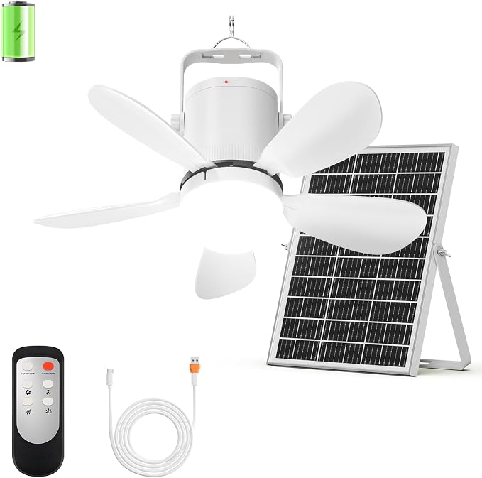 Solar Ceiling Fan Light, Portable Solar Powered Gazebo Fan Light for Outside, Rechargeable Battery Camping Fan Light with Remote, for Outdoor Canopy Tent RVs Porch Patio Greenhouse Pergola