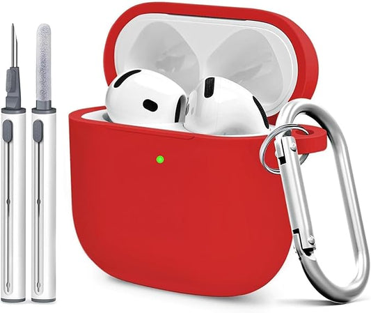 Silicone Case Cover for AirPods 4th Gen, Soft Skin, Full Protection, Keychain, Cleaner Kit (Red)