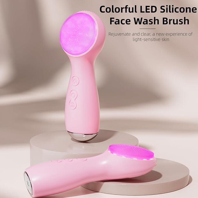 Colorful LED Silicone Face Wash Brush - Sonic Vibration Face Cleaner with Heat Sensation, 3 Modes & Ergonomic Handle, Waterproof Electric Face Brush for at-Home Spa & Travel Skincare (Pink)