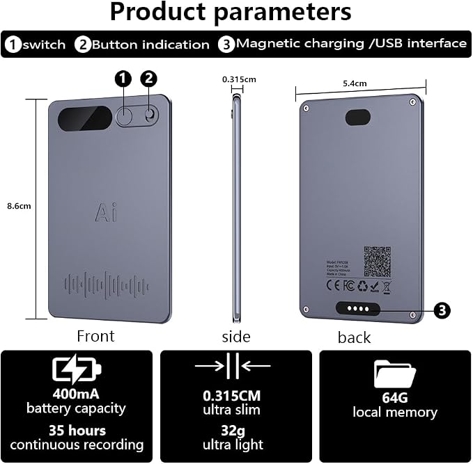 Voice Recorder with Black Case, AI Powered Transcription & Summary, Multiple Language Support, App Control, 64GB Storage, Meeting Friendly