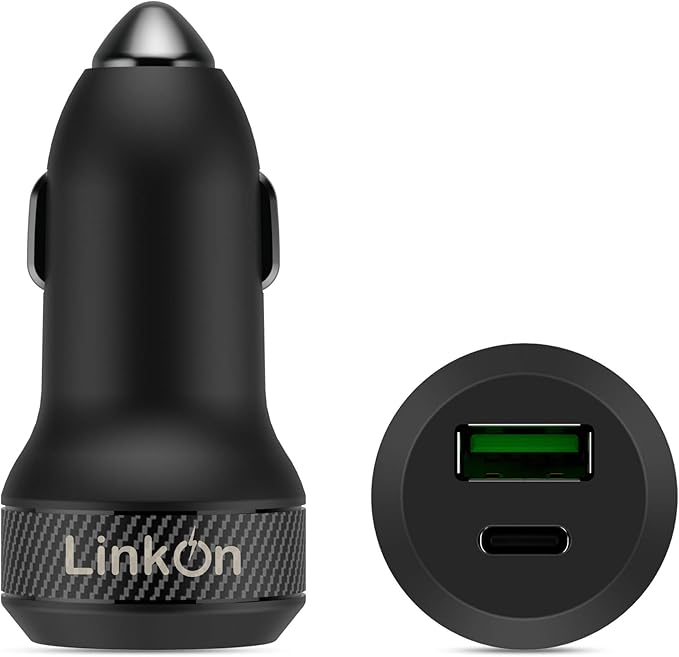 LinkOn 45W USB C & USB A Car Charger PD 3.0 (27W) + QC 3.0 (18W) Dual Port – Compact Fast Car Charger Compatible with iPhone 15/16, iPad, Galaxy S23/S24, Pixel, Tablets
