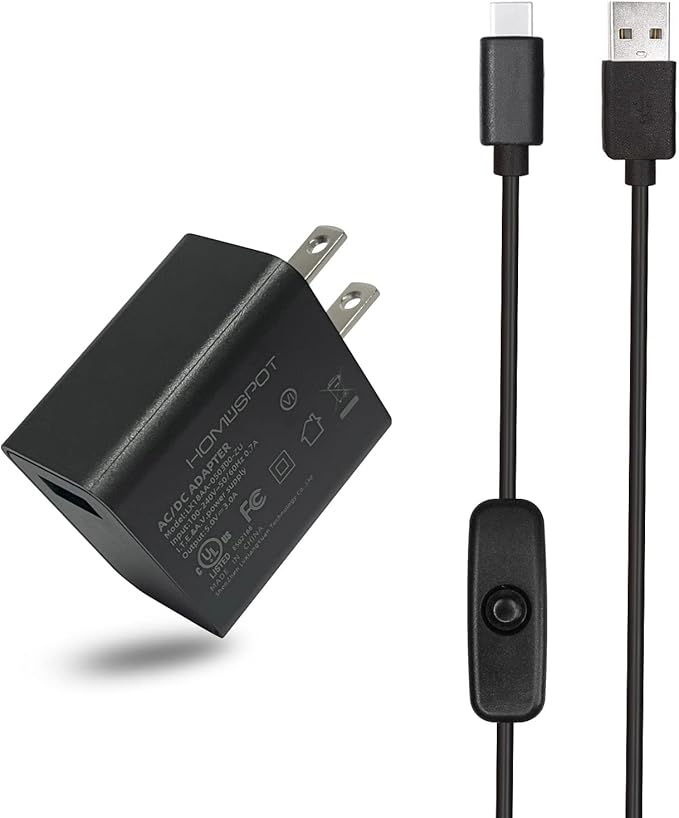 5V3A Switching Power Supply UL-Listed with 1.5M Type C to Type A USB Cable with On/Off Switch Compatible with Raspberry Pi 4 Model B