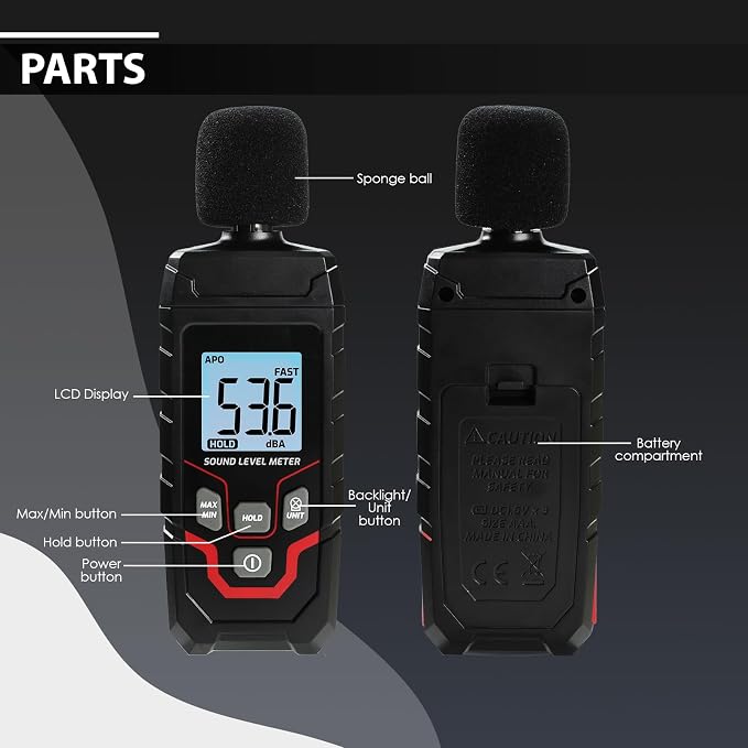 Decibel Meter Digital Sound Level Meter with Backlit LCD Screen, 30~130dB Sound Decibel Meter, SPL Meter with Fast&Slow, MAX/MIN/HOLD Mode, Portable Sound Meter for Home Theater Office Studio