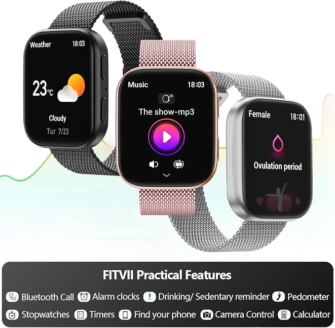 FITVII Health & Fitness Tracker (Answer/Make Calls), Smart Watch with 24/7 Heart Rate and Blood Pressure, Sleep Tracking, Blood Oxygen Monitor, 120+ Sport Modes Activity Tracker for Women Men