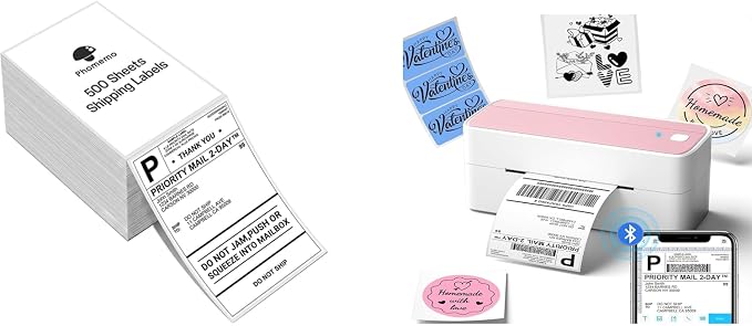 Phomemo 241BT Bluetooth Thermal Shipping Label Printer 4X6 - Wireless Thermal Label Printer for Shipping Packages + 4"x 6" Direct Fanfold Thermal Labels (Fanfold Style & 500 Labels)