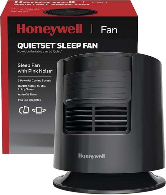 Honeywell QuietSet™ Personal Sleep Fan Noise Machine with Pink Noise, 3 Speeds, Adjustable Head, Nightstand and Bedside Fan, Black, HTF300B