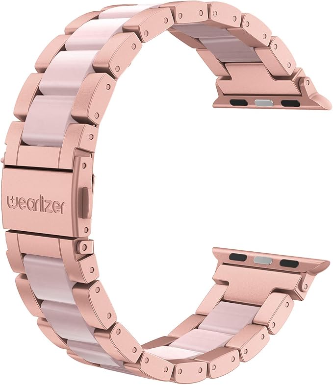 Wearlizer Rose Pink Compatible with Apple Watch Band 42/44/45/46/49mm Womens Stainless Steel Wristbands Fashion Resin Replacement Classic Strap iWatch Series 11 10 9 8 7 6 5 4 3 SE/Ultra 3 2 1