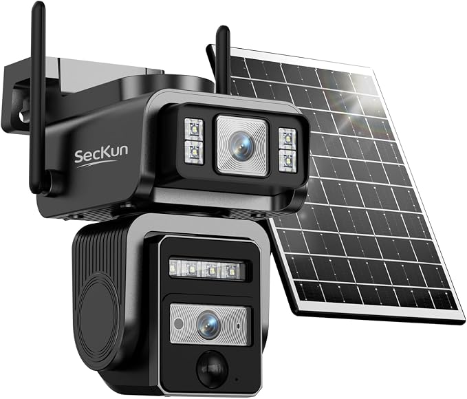 AJ19 Outdoor Solar Wireless Home Security Camera, 2.4GHz WiFi, Dual Lens 360° PTZ, IP66 Waterproof, Color Night Vision, 2-Way Audio, Motion Tracking, Dual Storage