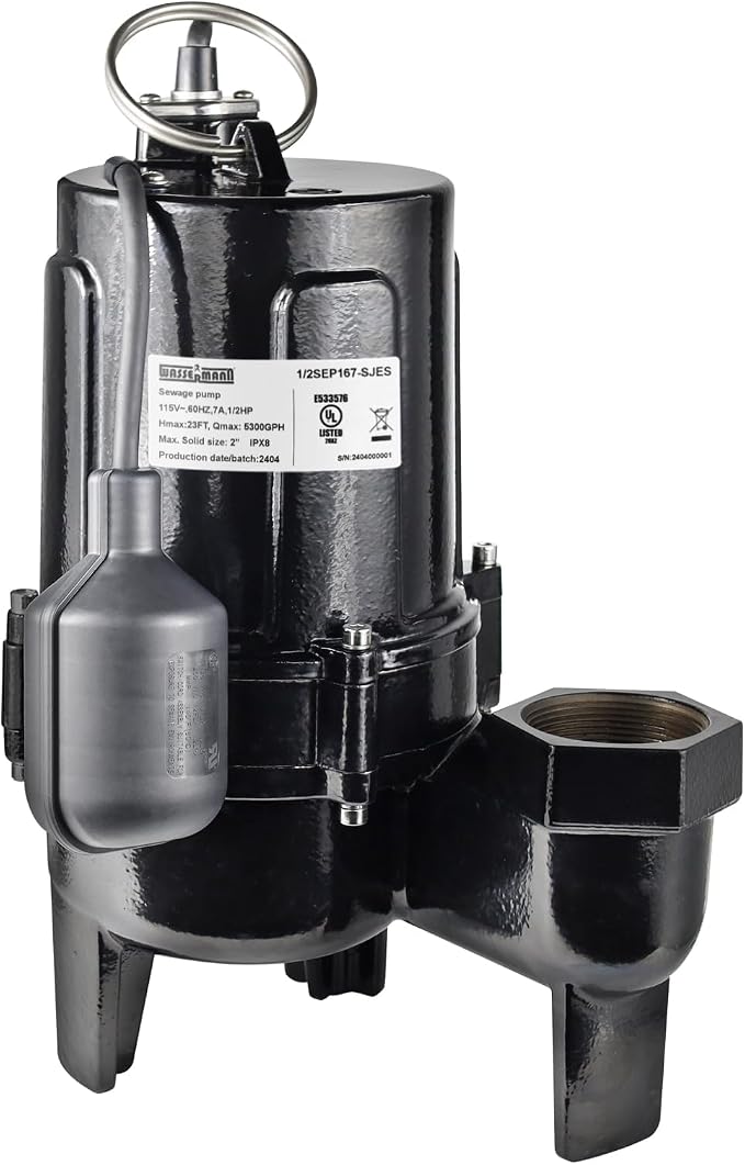 WASSERMANN 3/4 HP Sewage Pump 2 inch Discharge with Auto Float Switch, 115V 7200 GPH Cast Iron Submersible Sewer Pump, Sump Pump for Basement Sump Basin Sewer Well 2" NPT Discharge with 10 FT Cable